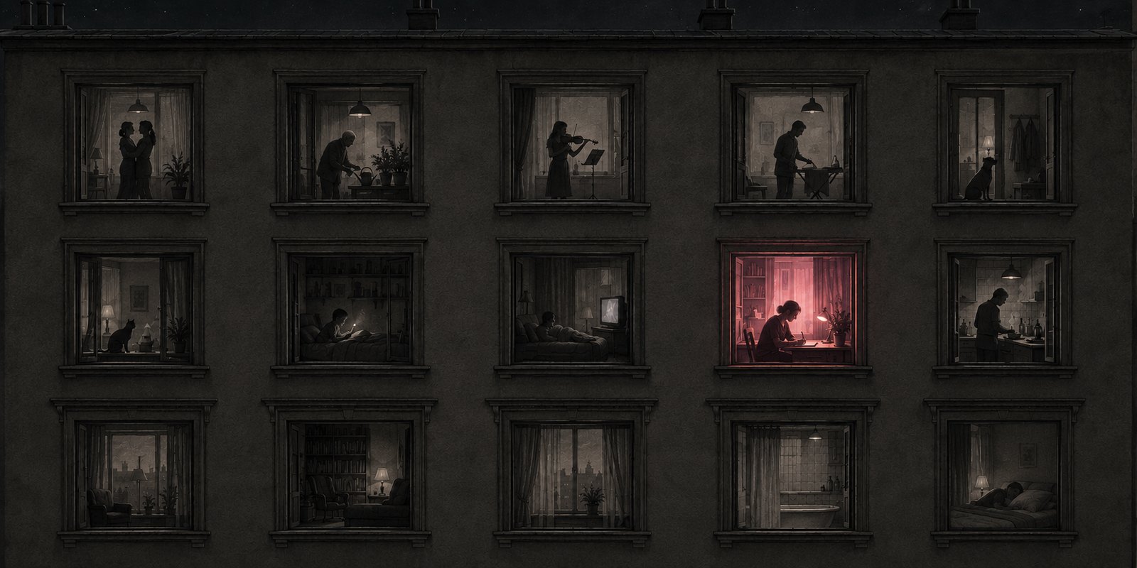 Illustration of an apartment building at night: in every window a different life, and one warm window where a woman is writing