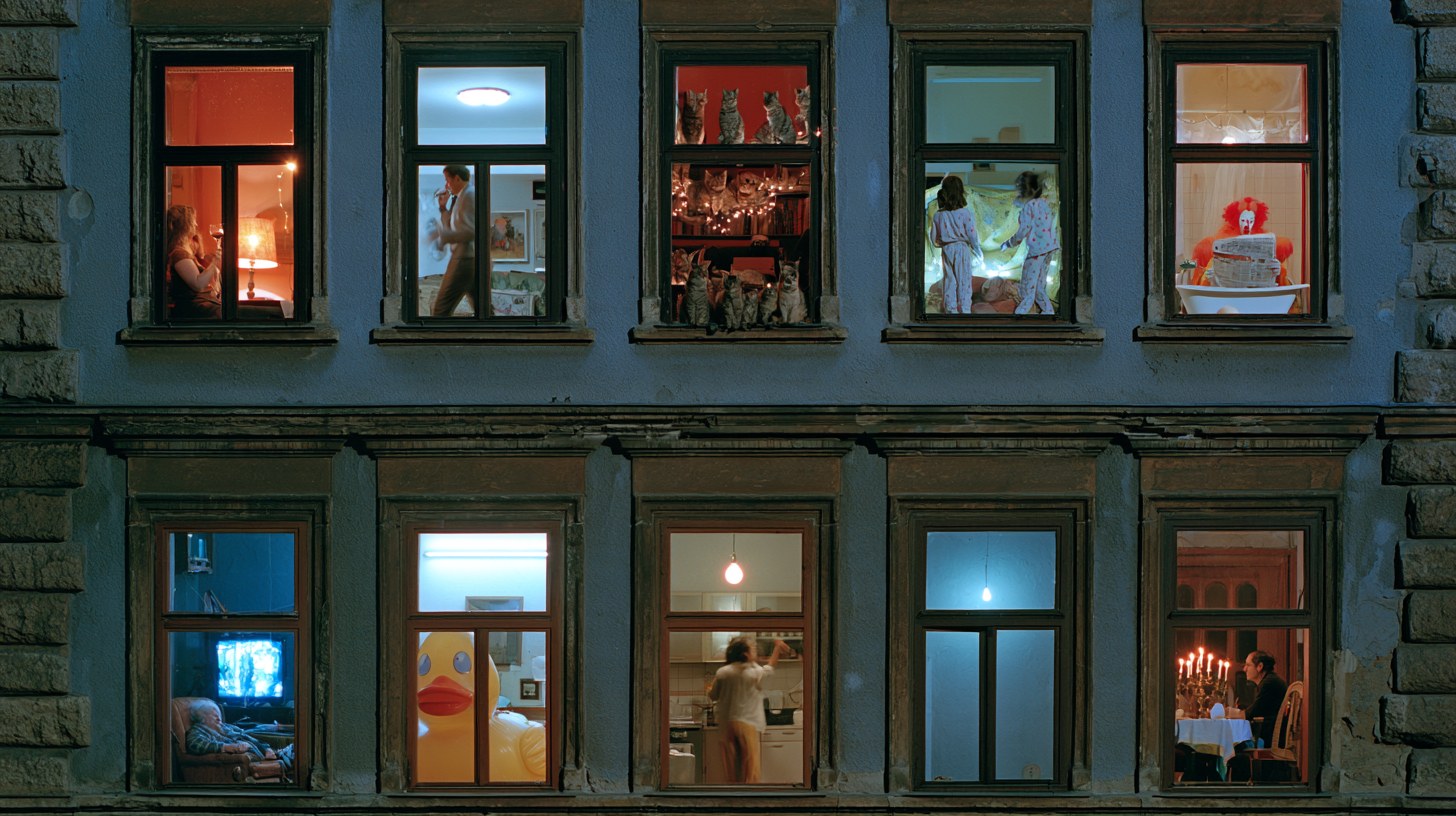 An apartment building at night: in every window a different story, from a room full of cats and a clown in the bath to a giant rubber duck and a candlelit table for two.