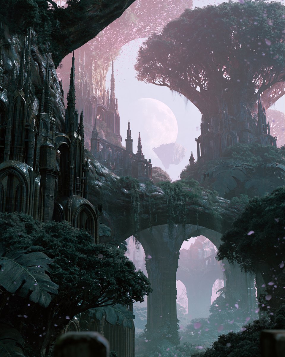 Fantasy tree city seen from a rooftop edge