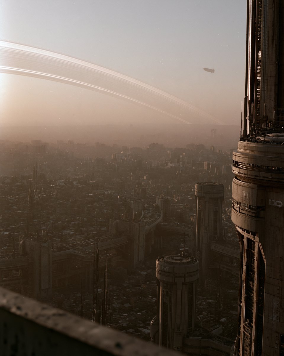 Sci-fi city seen from a rooftop edge